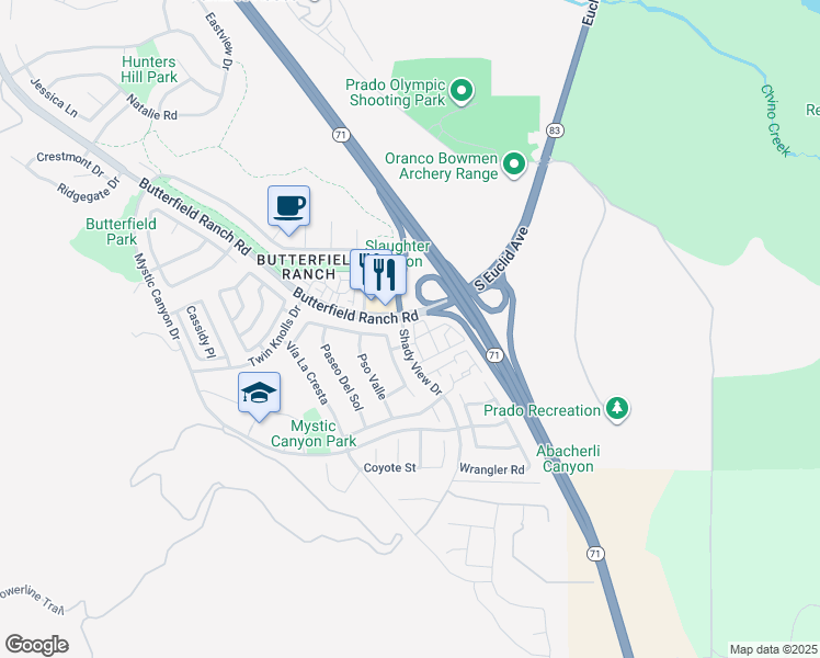 map of restaurants, bars, coffee shops, grocery stores, and more near 6537 Butterfield Ranch Road in Chino Hills