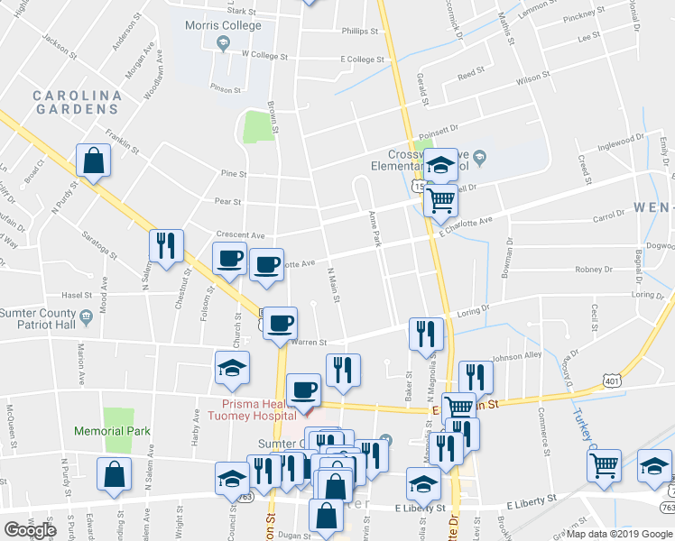 map of restaurants, bars, coffee shops, grocery stores, and more near 441 North Main Street in Sumter