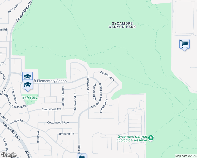 map of restaurants, bars, coffee shops, grocery stores, and more near 6645 Darkwood Drive in Riverside
