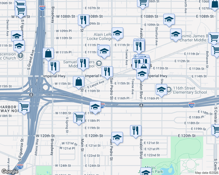 map of restaurants, bars, coffee shops, grocery stores, and more near 11513 San Pedro Street in Los Angeles