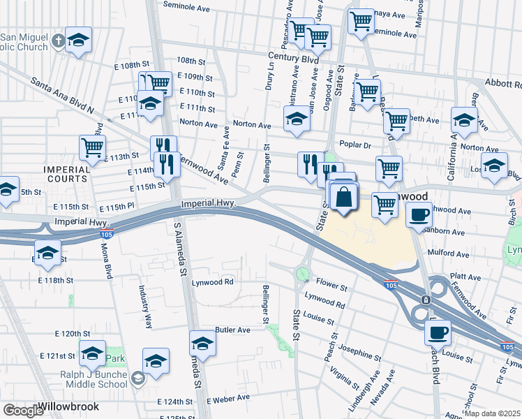 map of restaurants, bars, coffee shops, grocery stores, and more near in Lynwood