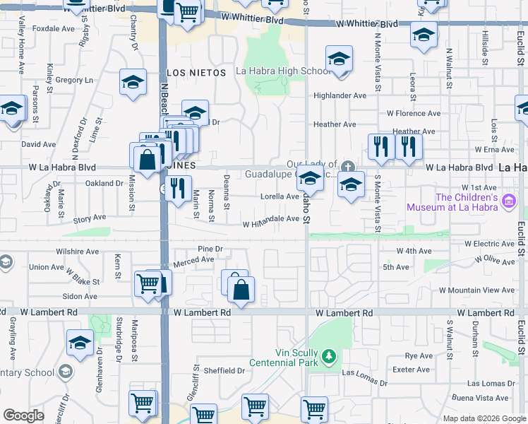 map of restaurants, bars, coffee shops, grocery stores, and more near 1429 Hillandale Avenue in La Habra