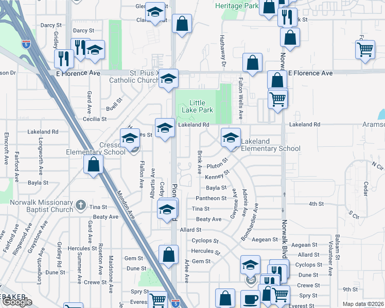 map of restaurants, bars, coffee shops, grocery stores, and more near 11216 Arlee Avenue in Norwalk