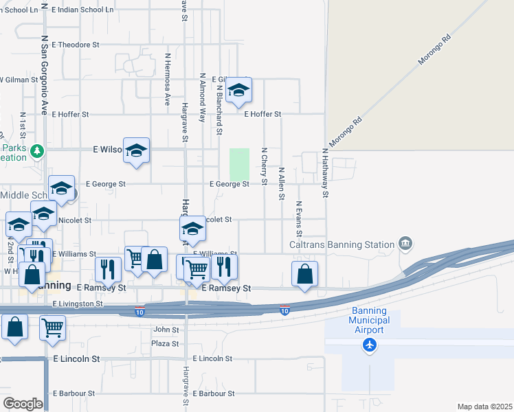 map of restaurants, bars, coffee shops, grocery stores, and more near 477 North Cherry Street in Banning