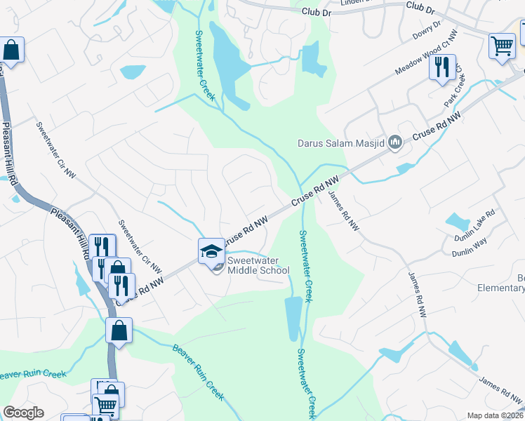 map of restaurants, bars, coffee shops, grocery stores, and more near 3331 Vintage Pointe Court in Lawrenceville
