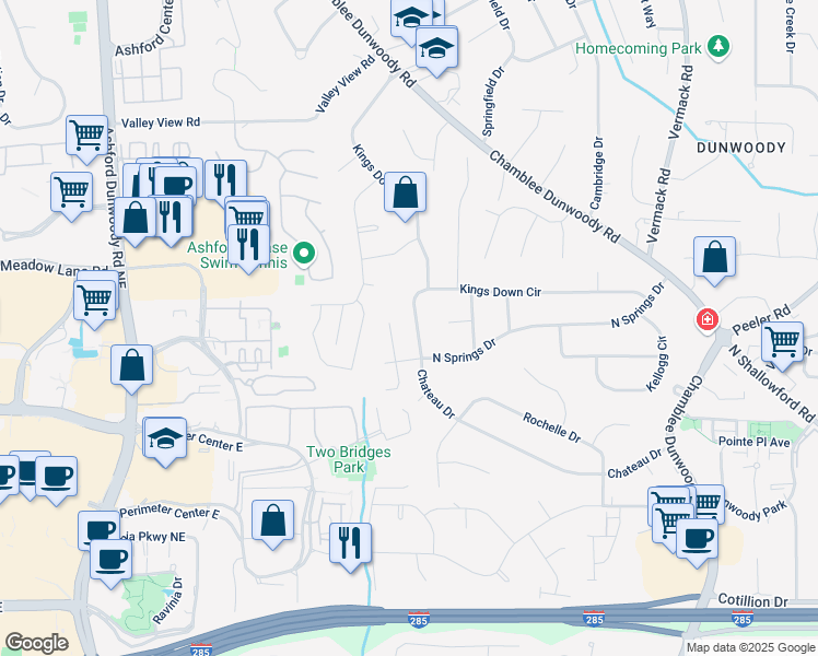 map of restaurants, bars, coffee shops, grocery stores, and more near 1486 Kings Down Circle in Dunwoody