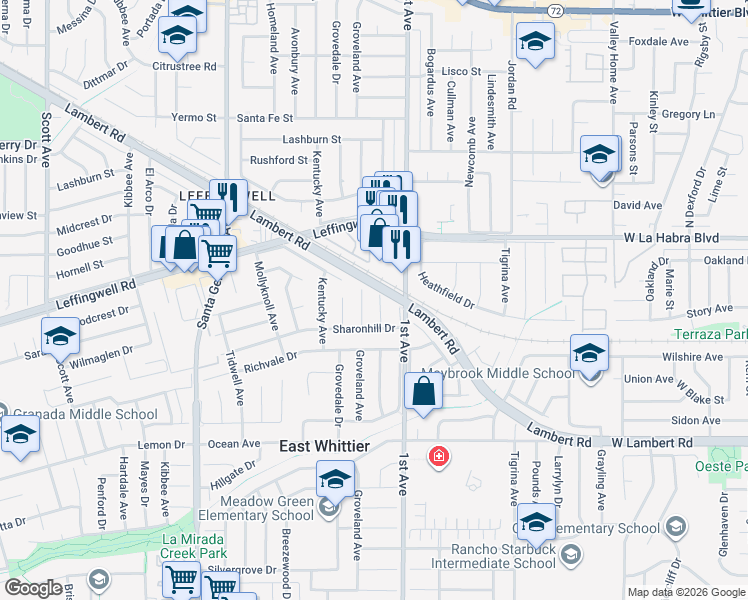 map of restaurants, bars, coffee shops, grocery stores, and more near 11315 Groveside Avenue in Whittier