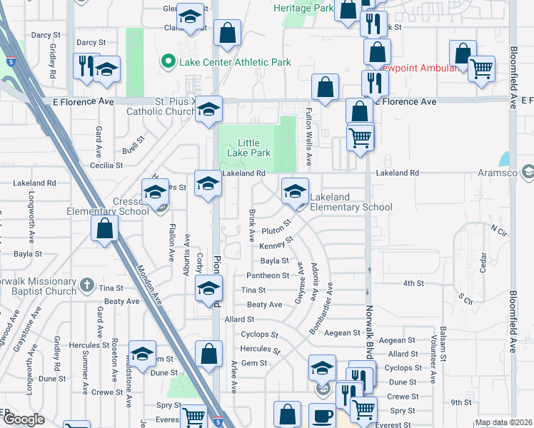 map of restaurants, bars, coffee shops, grocery stores, and more near 11928 Battle Street in Norwalk