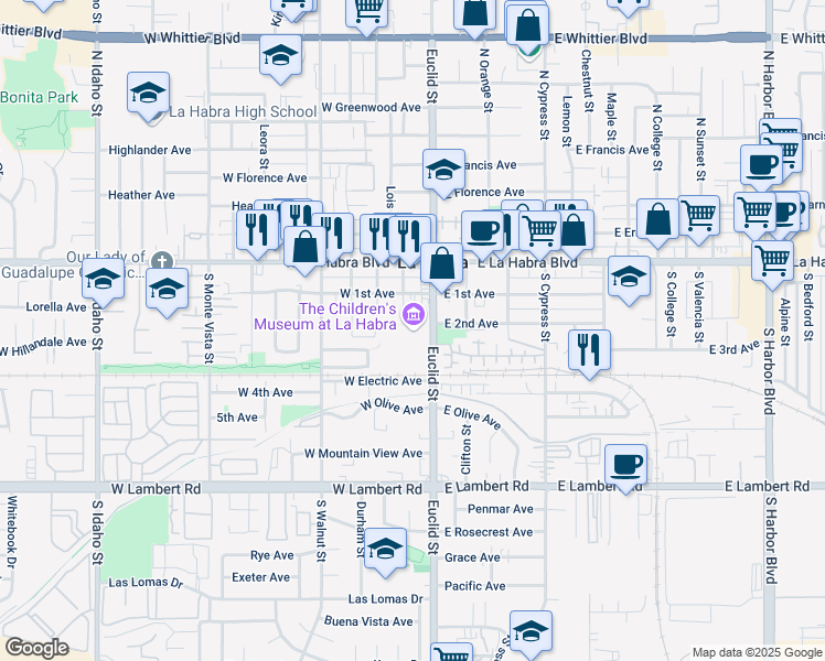 map of restaurants, bars, coffee shops, grocery stores, and more near 301 South Euclid Street in La Habra