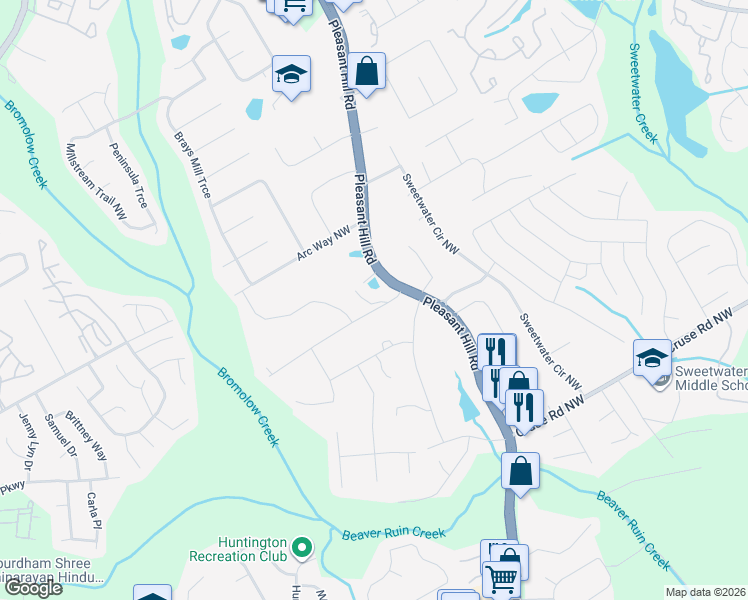 map of restaurants, bars, coffee shops, grocery stores, and more near 1107 Pleasant Hill Road in Lawrenceville