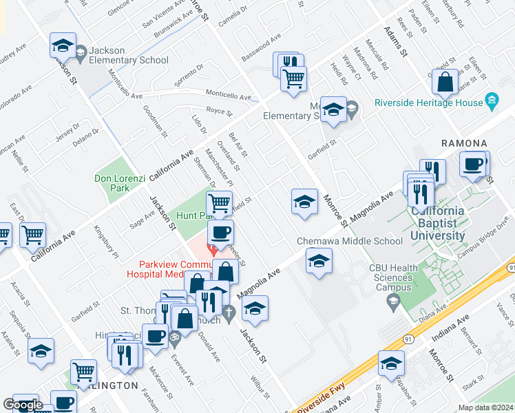 map of restaurants, bars, coffee shops, grocery stores, and more near 3972 Overland Street in Riverside