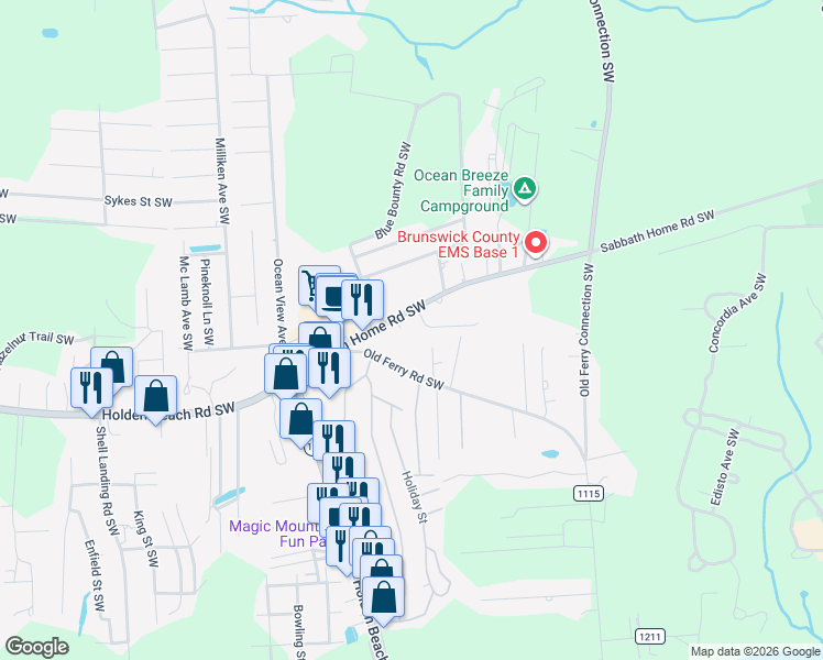 map of restaurants, bars, coffee shops, grocery stores, and more near 1000-1022 Sabbath Home Road Southwest in Brunswick