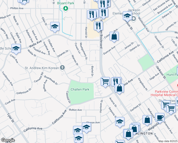 map of restaurants, bars, coffee shops, grocery stores, and more near 7626 Della Street in Riverside