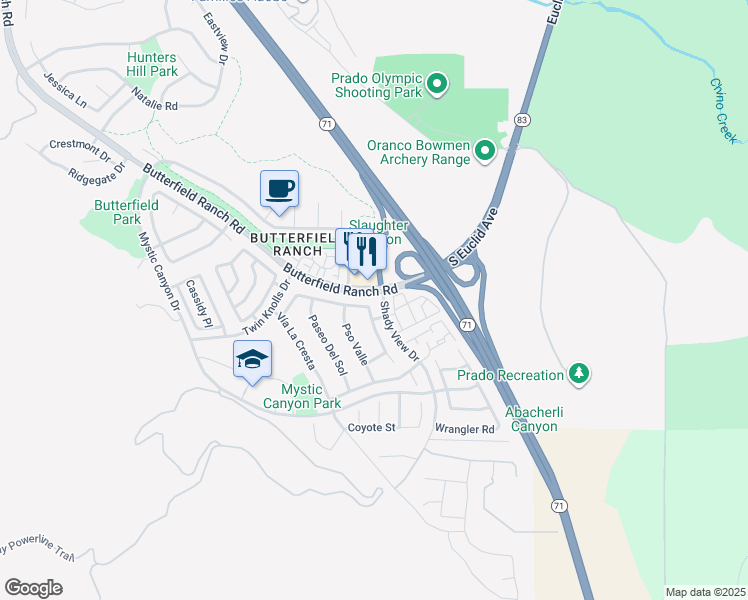 map of restaurants, bars, coffee shops, grocery stores, and more near 6548 Vía Del Rancho in Chino Hills