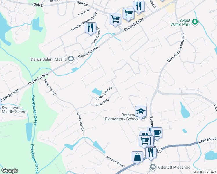 map of restaurants, bars, coffee shops, grocery stores, and more near 3039 Dunlin Lake Road in Lawrenceville