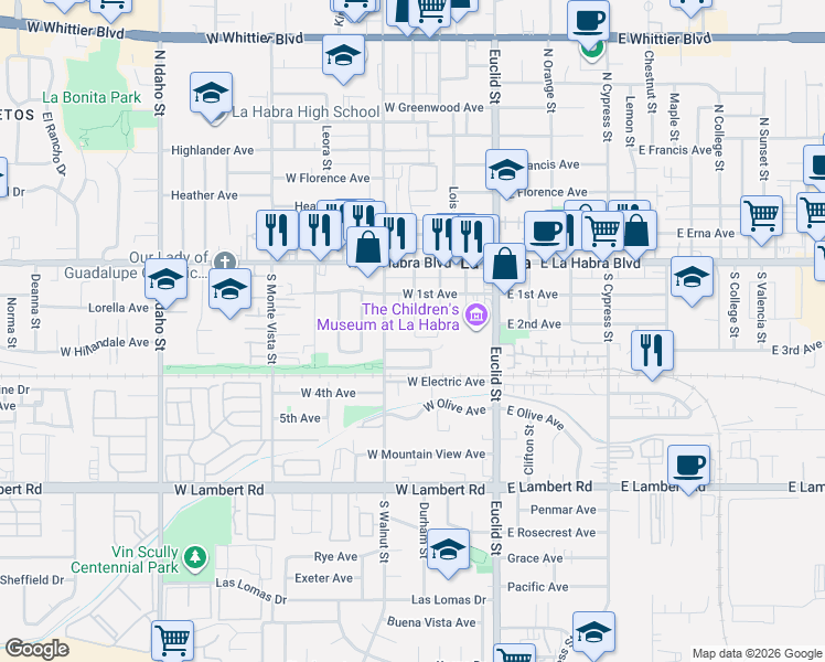 map of restaurants, bars, coffee shops, grocery stores, and more near 221 South Hazel Street in La Habra