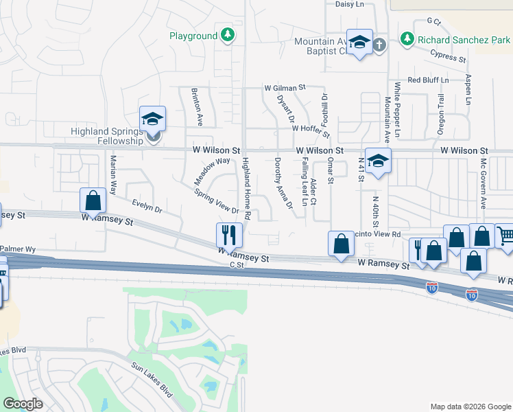 map of restaurants, bars, coffee shops, grocery stores, and more near 4779 Spring View Drive in Banning