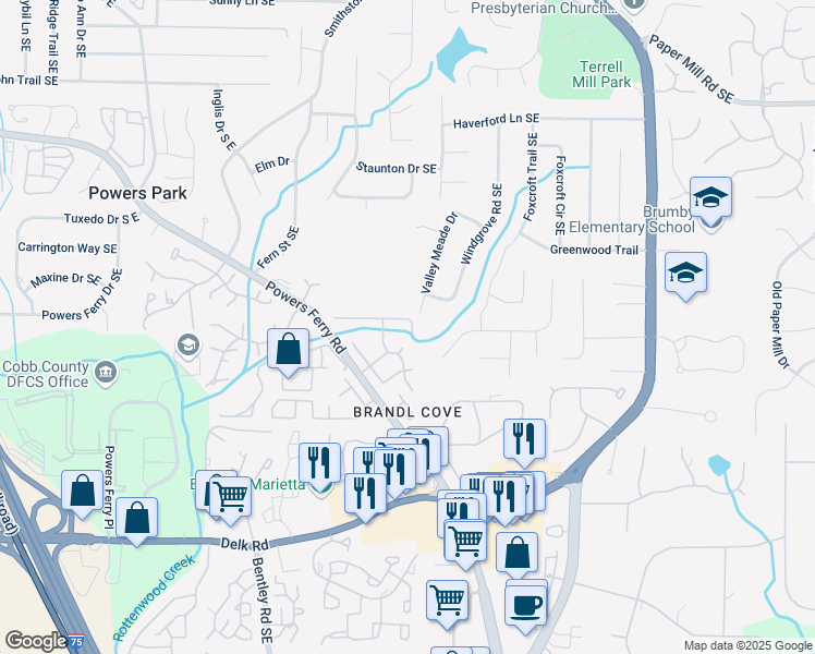 map of restaurants, bars, coffee shops, grocery stores, and more near 2988 Chipmunk Trail Southeast in Marietta