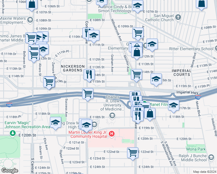 map of restaurants, bars, coffee shops, grocery stores, and more near 1709 East Imperial Highway in Los Angeles