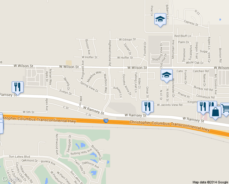 map of restaurants, bars, coffee shops, grocery stores, and more near 4779 Spring View Drive in Banning