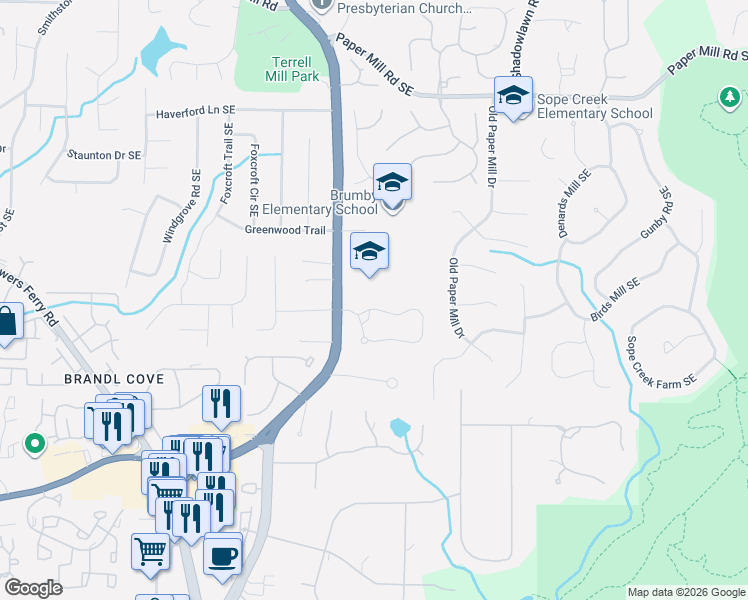 map of restaurants, bars, coffee shops, grocery stores, and more near 3306 Winthrop Circle in Marietta