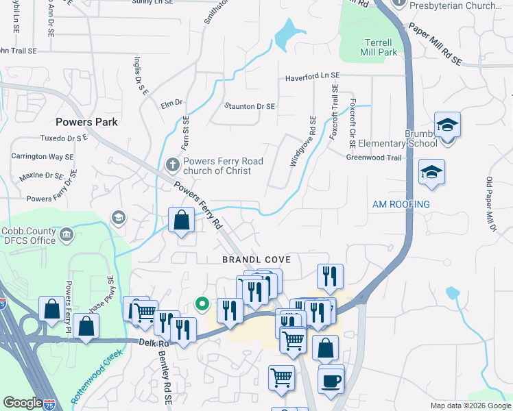 map of restaurants, bars, coffee shops, grocery stores, and more near 2980 Chipmunk Trail Southeast in Marietta