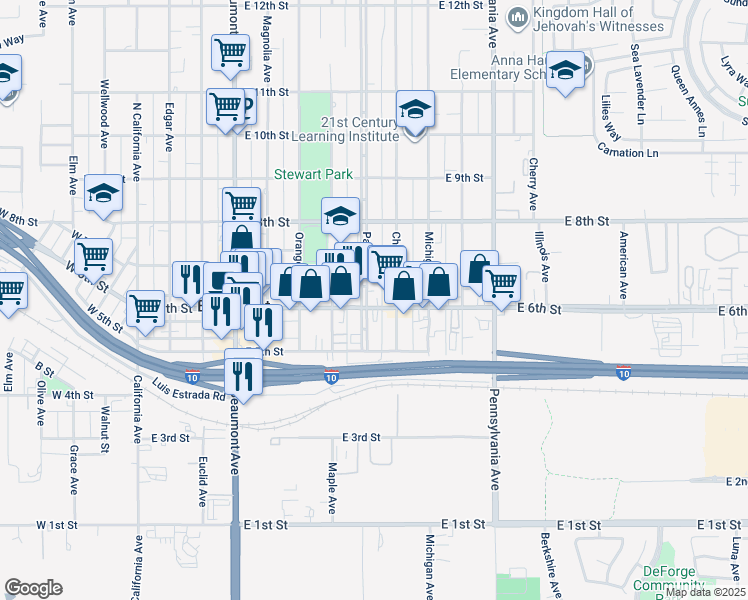 map of restaurants, bars, coffee shops, grocery stores, and more near 614 Palm Avenue in Beaumont