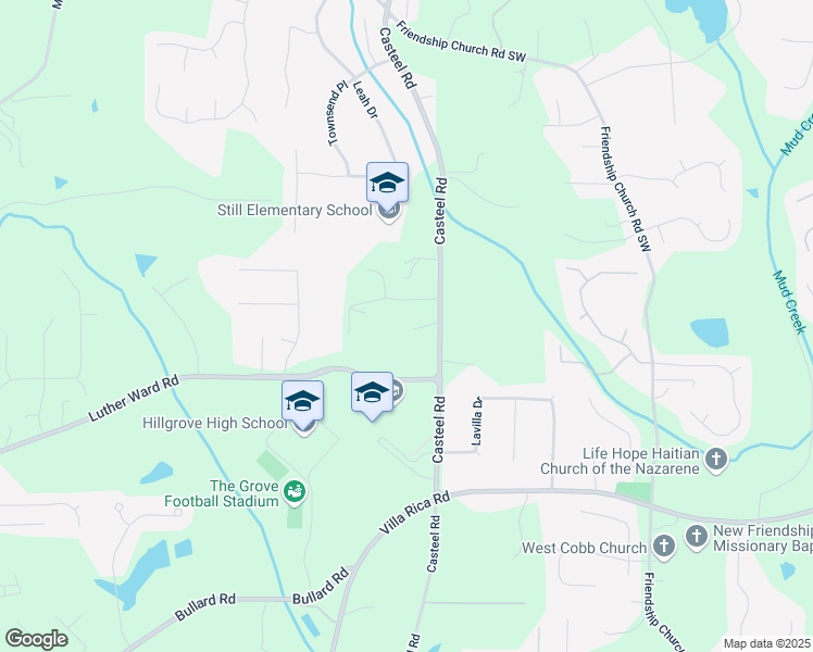 map of restaurants, bars, coffee shops, grocery stores, and more near 990 Casteel Road in Powder Springs
