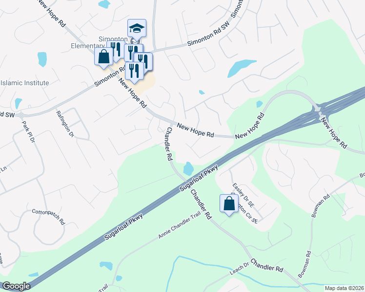 map of restaurants, bars, coffee shops, grocery stores, and more near 1105 Brook Meadow Court in Lawrenceville
