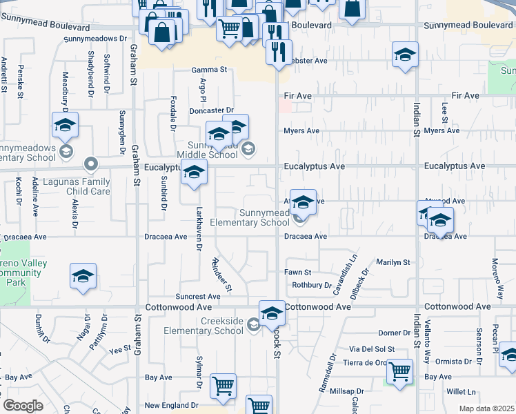 map of restaurants, bars, coffee shops, grocery stores, and more near 13135 Heacock Street in Moreno Valley