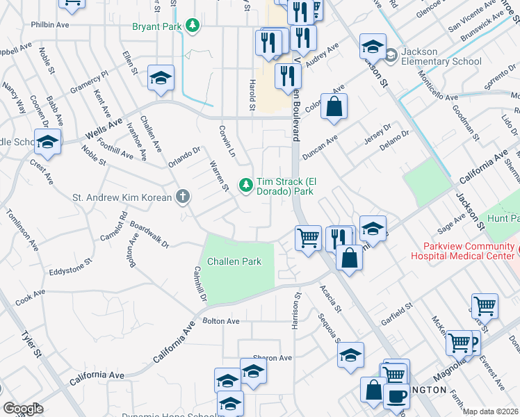 map of restaurants, bars, coffee shops, grocery stores, and more near 7626 Della Street in Riverside