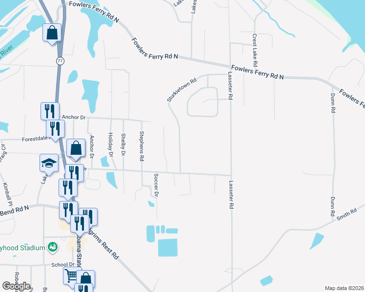 map of restaurants, bars, coffee shops, grocery stores, and more near 1601 Sturkietown Road in Gadsden