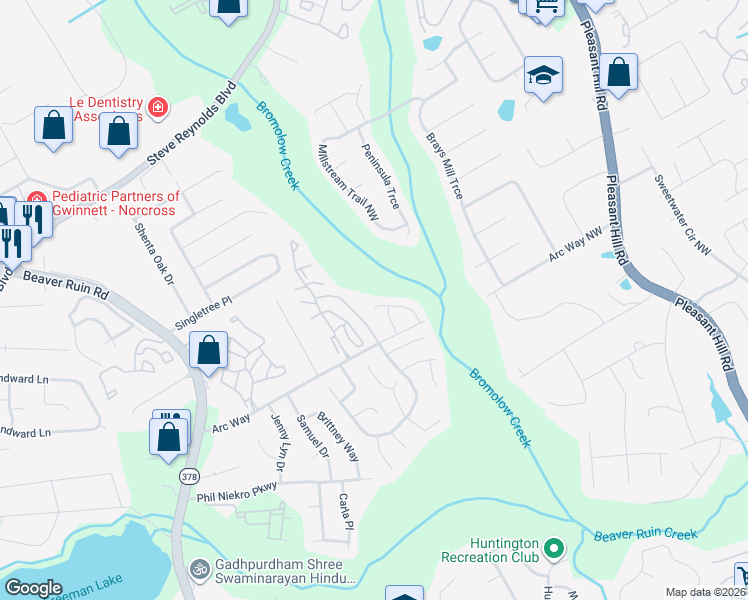map of restaurants, bars, coffee shops, grocery stores, and more near 1385 Strasbourg Court Northwest in Norcross