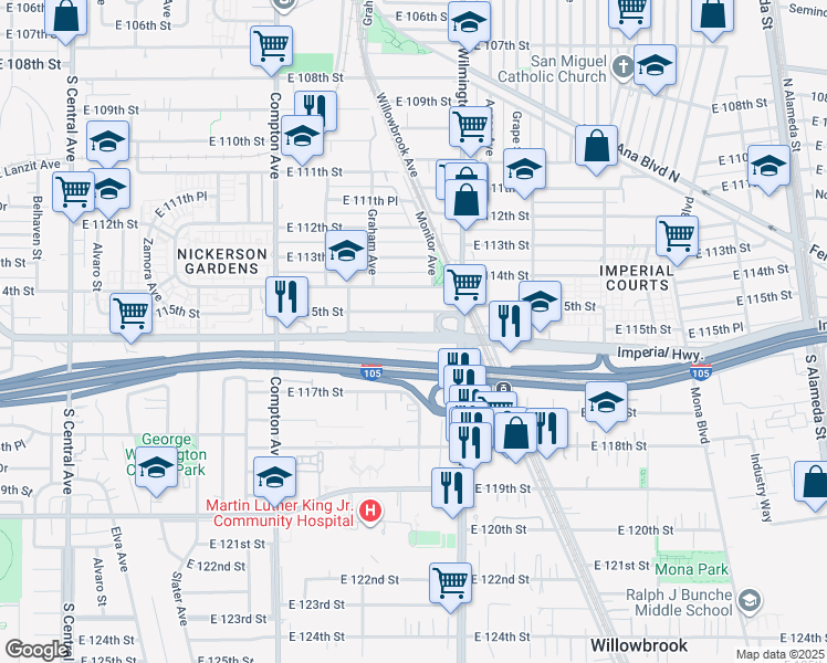 map of restaurants, bars, coffee shops, grocery stores, and more near 1783 East Imperial Highway in Los Angeles