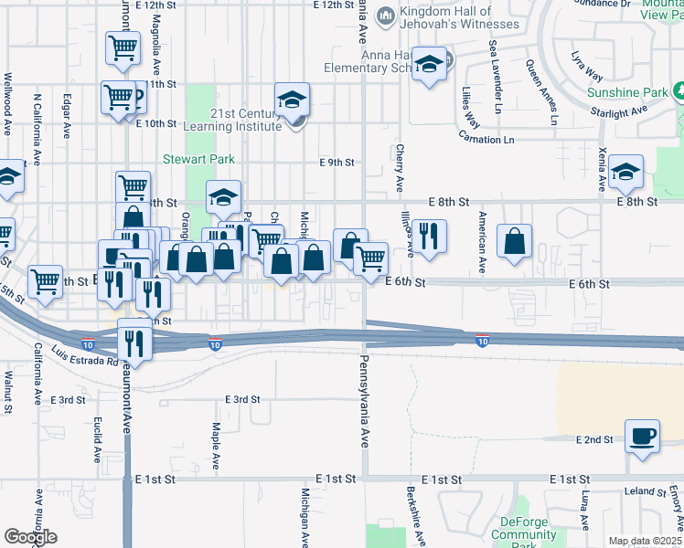 map of restaurants, bars, coffee shops, grocery stores, and more near 1130 East 6th Street in Beaumont