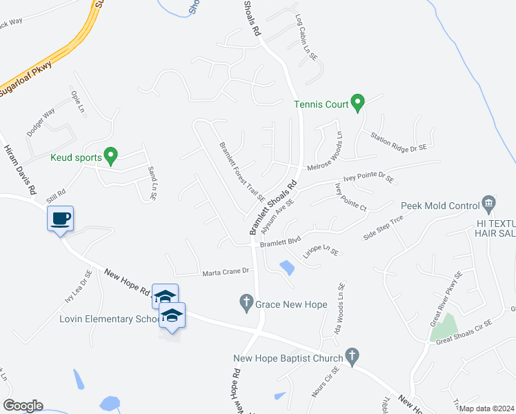 map of restaurants, bars, coffee shops, grocery stores, and more near 1167 Bramlett Forest Court Southeast in Lawrenceville