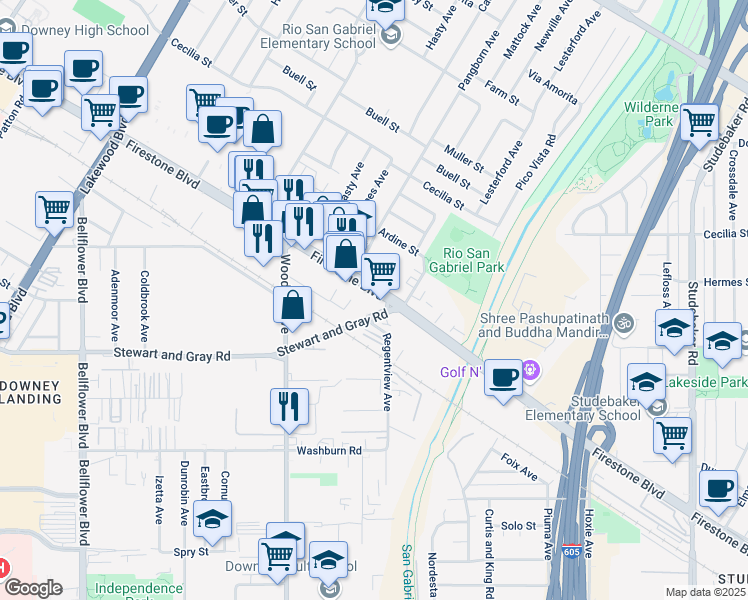 map of restaurants, bars, coffee shops, grocery stores, and more near 9550 Firestone Boulevard in Downey