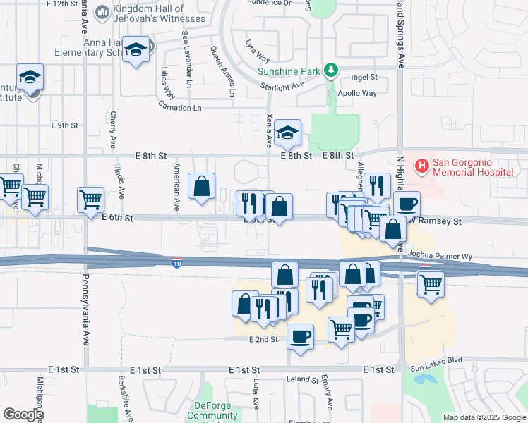 map of restaurants, bars, coffee shops, grocery stores, and more near 1498 East 6th Street in Beaumont