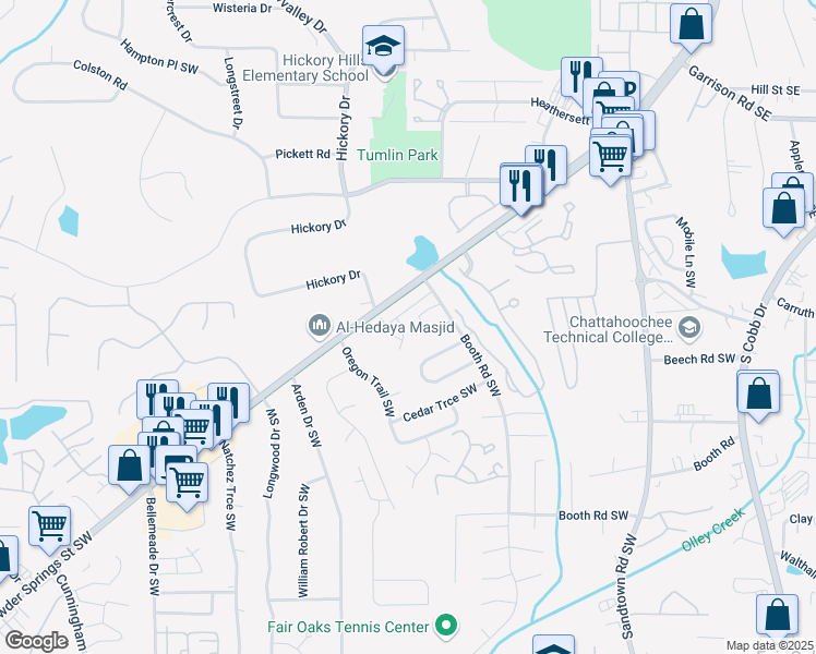 map of restaurants, bars, coffee shops, grocery stores, and more near 1025 Cherryfield Run in Marietta
