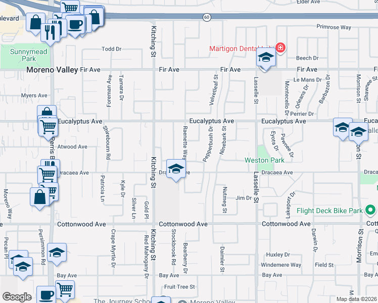 map of restaurants, bars, coffee shops, grocery stores, and more near 13130 Raenette Way in Moreno Valley