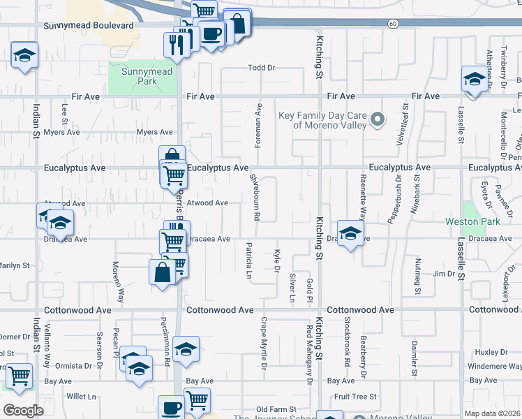 map of restaurants, bars, coffee shops, grocery stores, and more near 13133 Shirebourn Road in Moreno Valley