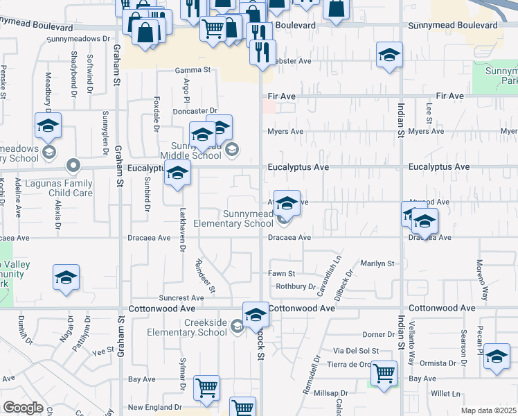 map of restaurants, bars, coffee shops, grocery stores, and more near 201 Heacock Street in Moreno Valley
