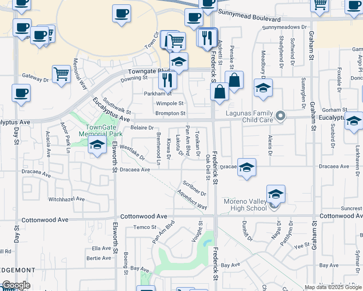 map of restaurants, bars, coffee shops, grocery stores, and more near 13097 Pan Am Boulevard in Moreno Valley