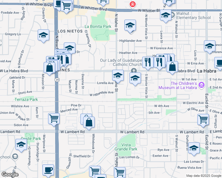 map of restaurants, bars, coffee shops, grocery stores, and more near 1230 Lorella Avenue in La Habra