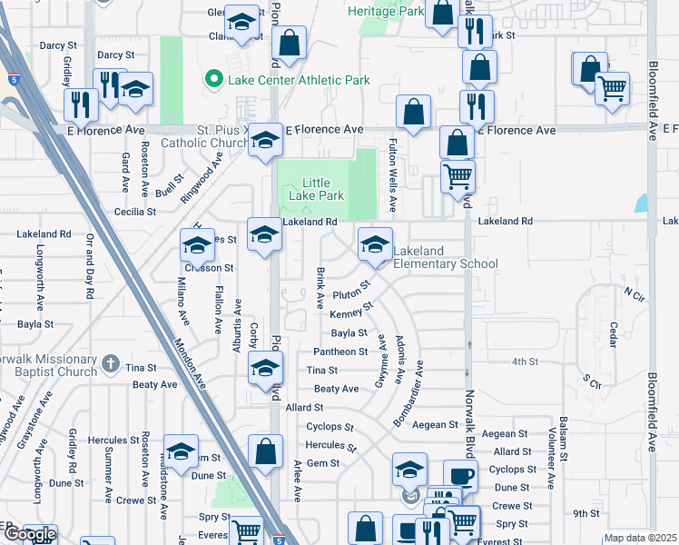 map of restaurants, bars, coffee shops, grocery stores, and more near 11928 Battle Street in Norwalk