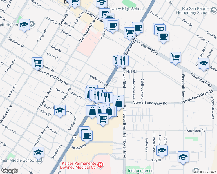 map of restaurants, bars, coffee shops, grocery stores, and more near 9000 Buckles Street in Downey