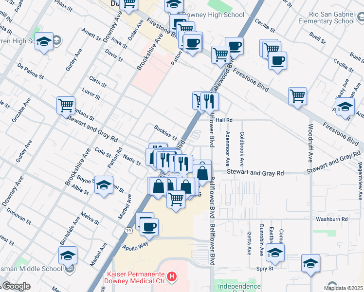 map of restaurants, bars, coffee shops, grocery stores, and more near 9000 Buckles Street in Downey