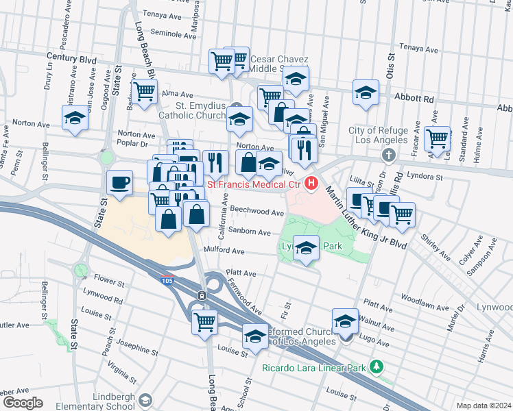map of restaurants, bars, coffee shops, grocery stores, and more near 3543 Beechwood Avenue in Lynwood