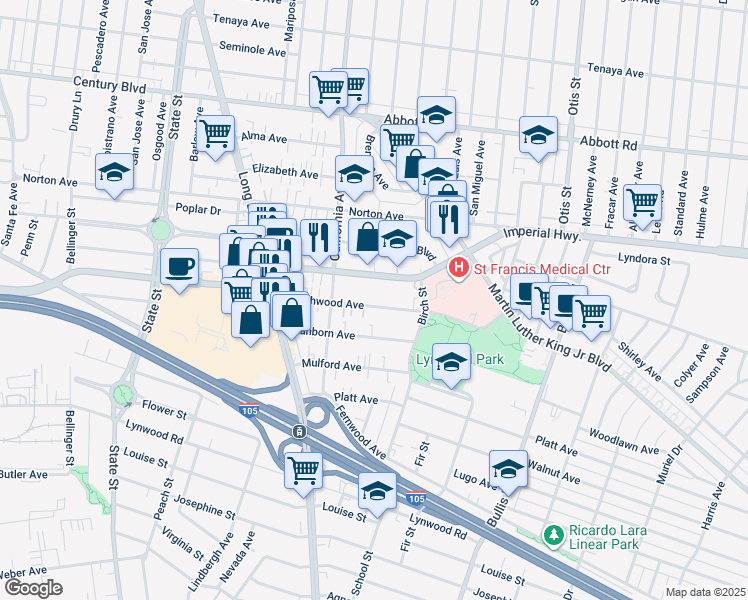 map of restaurants, bars, coffee shops, grocery stores, and more near 3543 Beechwood Avenue in Lynwood