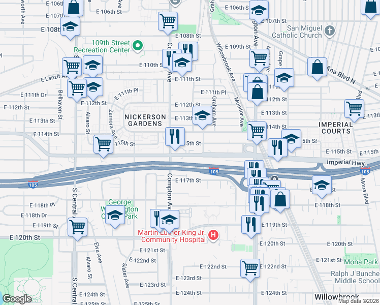 map of restaurants, bars, coffee shops, grocery stores, and more near 1634 East 115th Street in Los Angeles